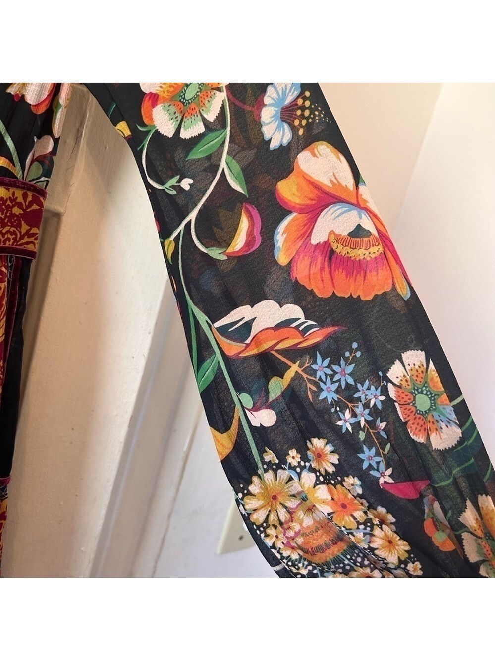 NEW Anthropologie Black Motif Boho Floral Velvet Trim Midi Dress Sz OUS Lined - Picture 9 of 14